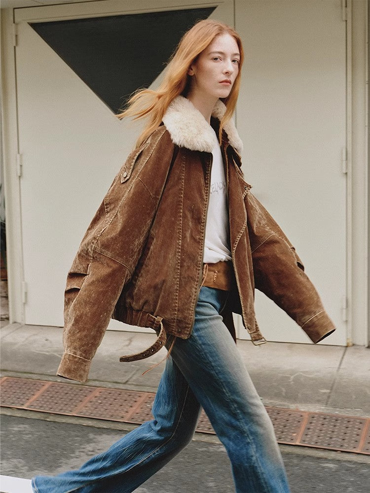 City Travel Fashionable Warm Distressed Denim Wool Collar Down Jacket-2