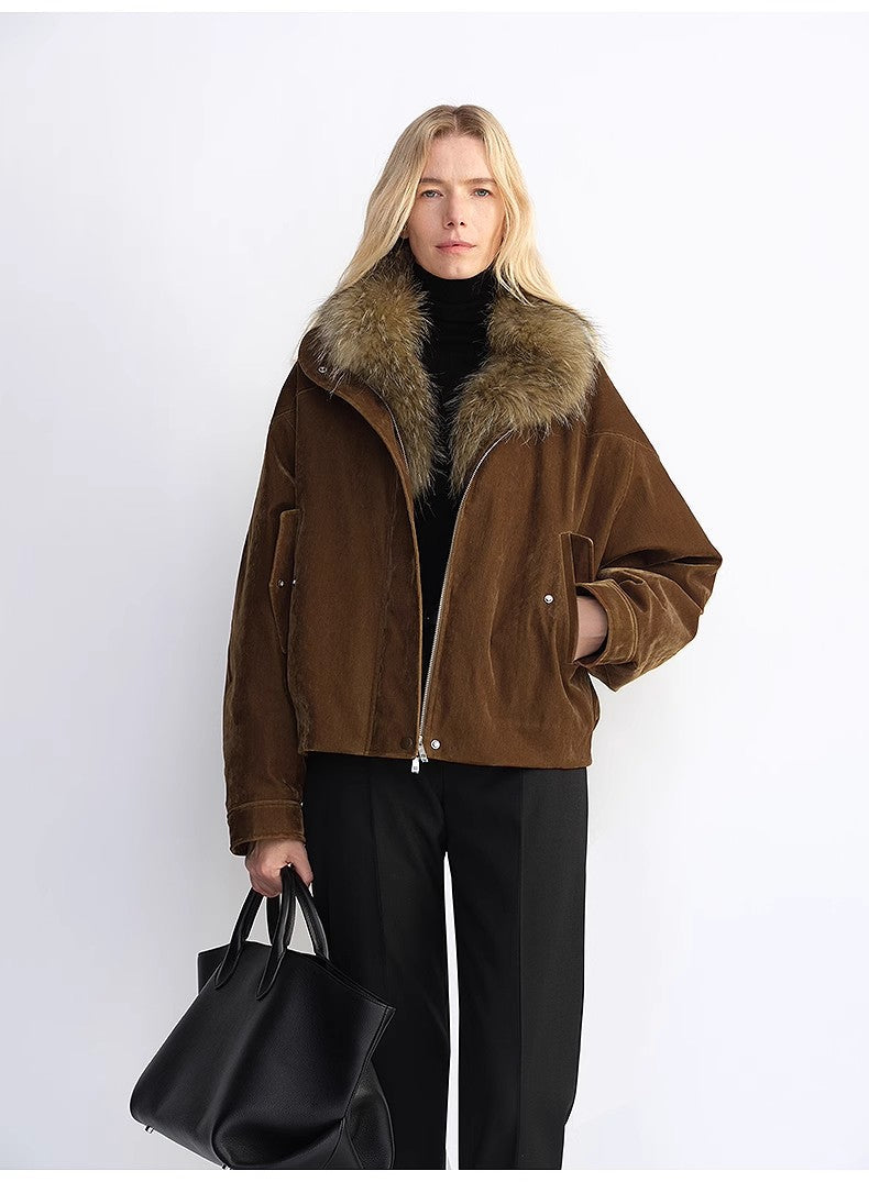 Custom-woven flocked denim, detachable raccoon fur collar, 90% white goose down jacket, loose parka for women-4