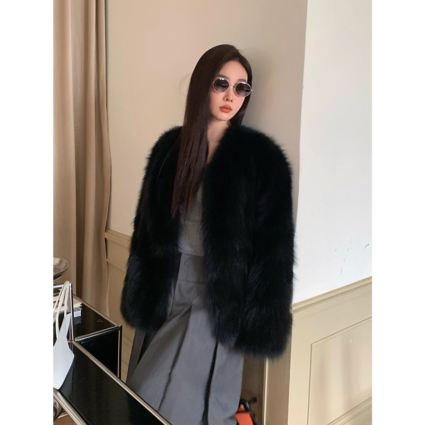 Black Sugar Champagne Finland saga fox fur coat fashion cardigan-2