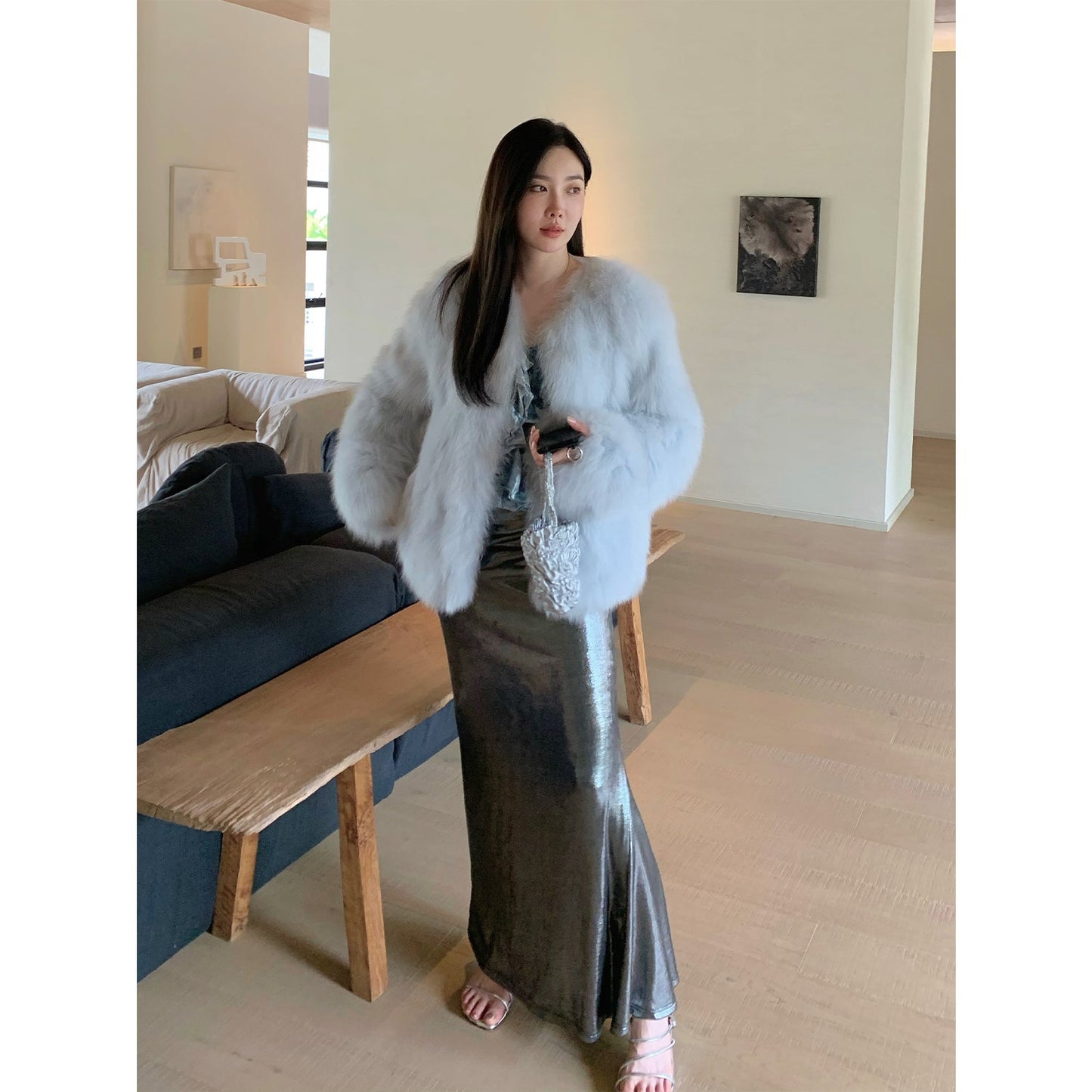 Black Sugar Champagne Finland saga fox fur coat fashion cardigan-5