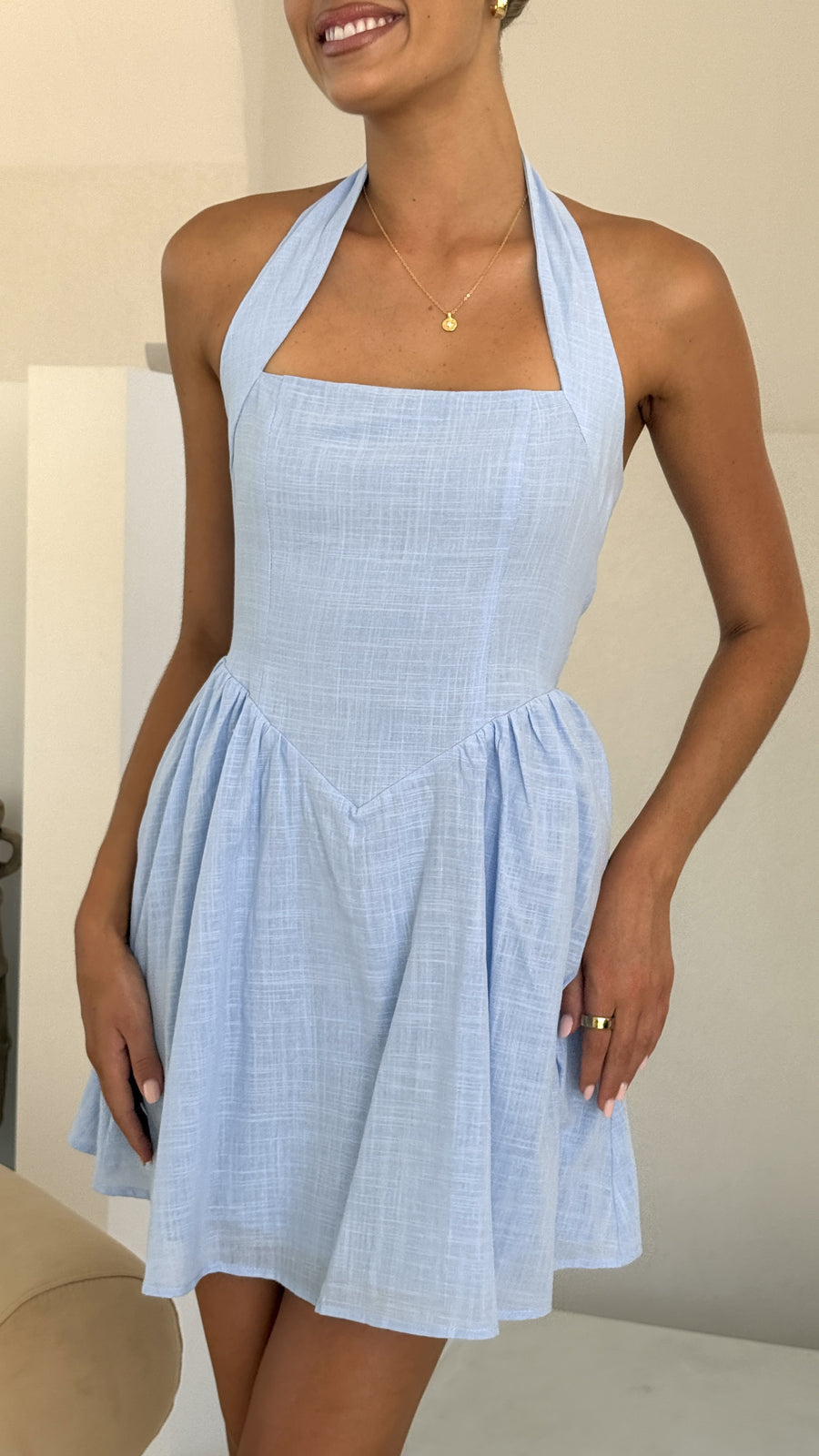 Light Blue Linen Halter Mini Dress – Back Smocked Summer Dress for Women-3