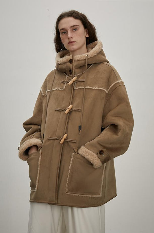 "Quartet Short" Wool Artificial Compositesuede Hooded Shearling Jacket-0