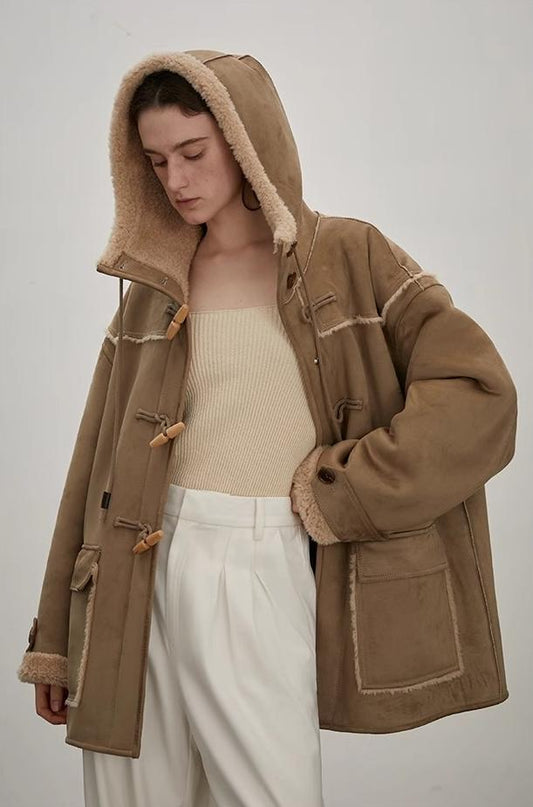 "Quartet Short" Wool Artificial Compositesuede Hooded Shearling Jacket-1