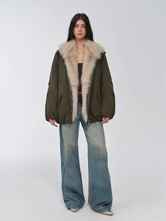 "Warm Dialogue" Two-tone fox fur collar detachable 90 goose down jacket mid-length down parka-1