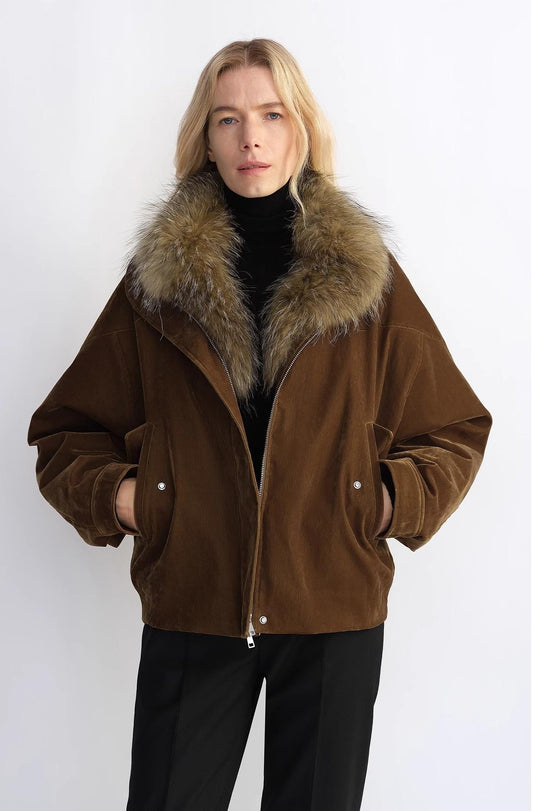 Custom-woven flocked denim, detachable raccoon fur collar, 90% white goose down jacket, loose parka for women-0
