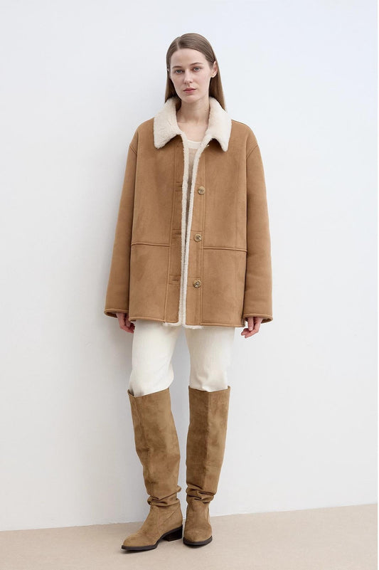 “Vintage Manor”High Quality Wool Contrast Lapel Reversible Artificial Compound Suede Shearling jacket-1