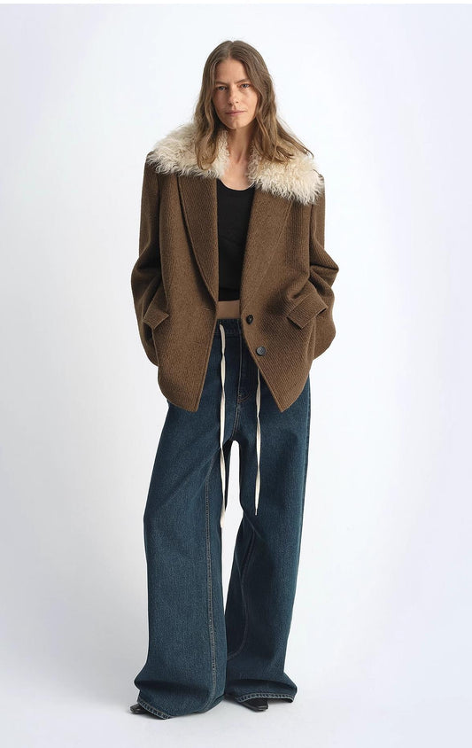 "Vertical Texture" Wool Tweed Coat Detachable Fur Collar Suit Parker-0