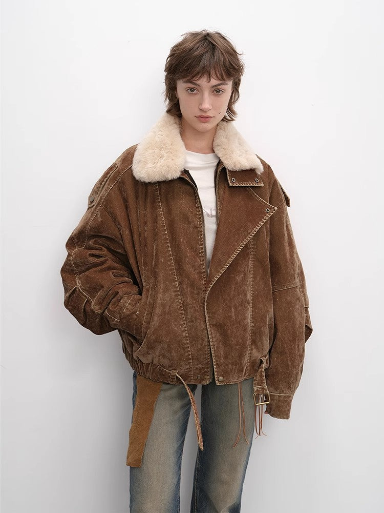City Travel Fashionable Warm Distressed Denim Wool Collar Down Jacket-4