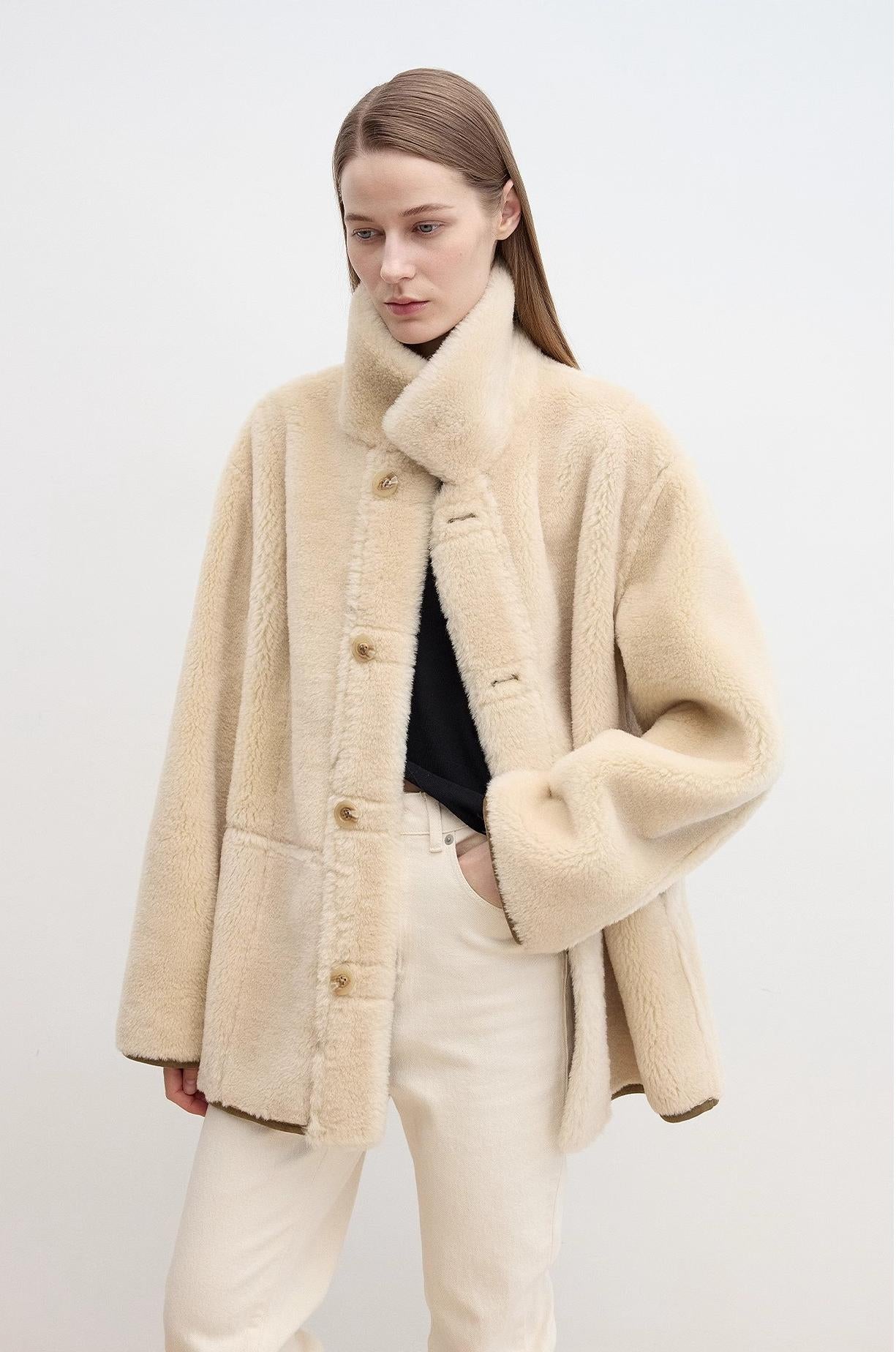“Vintage Manor”High Quality Wool Contrast Lapel Reversible Artificial Compound Suede Shearling jacket-3