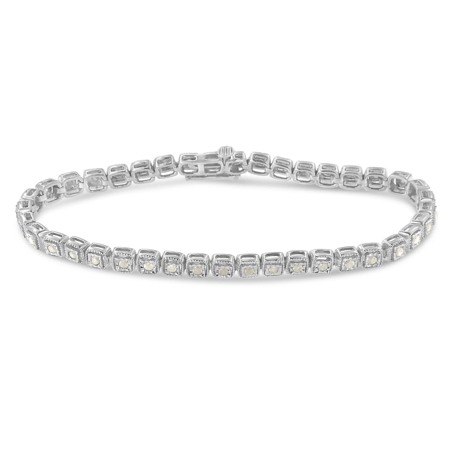 .925 Sterling Silver 1.0 Cttw Diamond Miracle-Set Square Milgrain 7" Link Tennis Bracelet (I-J Color, I3 Clarity)-1