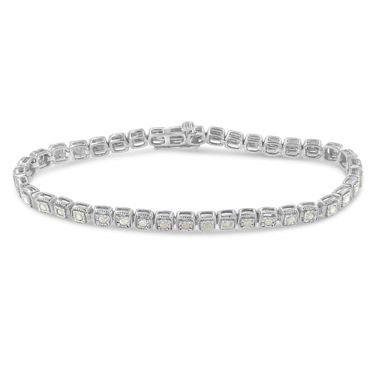 .925 Sterling Silver 1.0 Cttw Diamond Miracle-Set Square Milgrain 7" Link Tennis Bracelet (I-J Color, I3 Clarity)-1