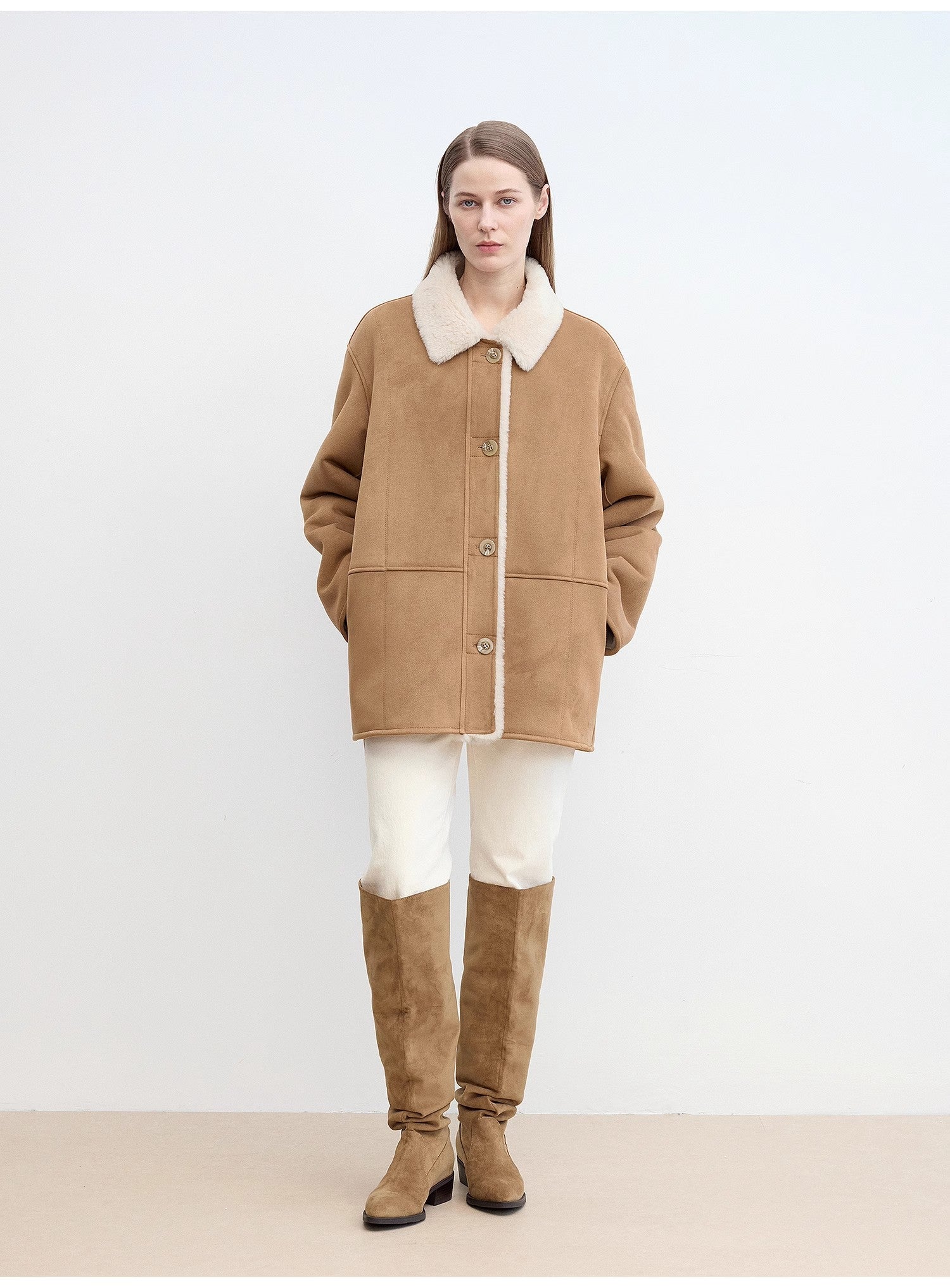 “Vintage Manor”High Quality Wool Contrast Lapel Reversible Artificial Compound Suede Shearling jacket-2