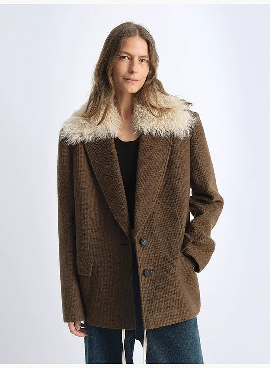 "Vertical Texture" Wool Tweed Coat Detachable Fur Collar Suit Parker-1