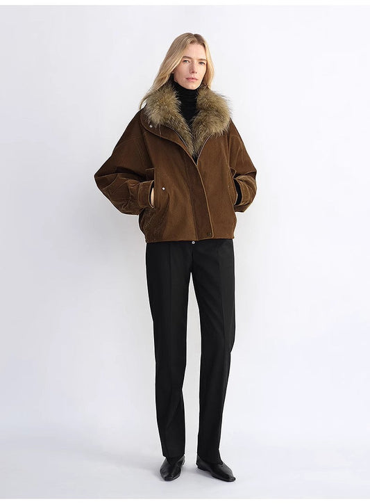 Custom-woven flocked denim, detachable raccoon fur collar, 90% white goose down jacket, loose parka for women-1