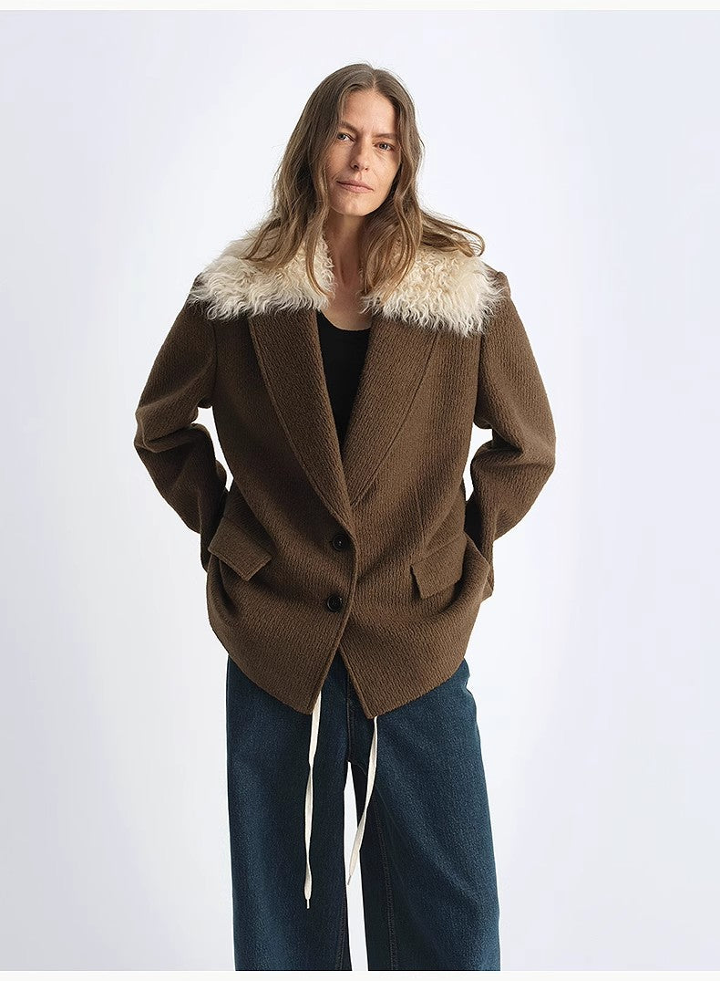 "Vertical Texture" Wool Tweed Coat Detachable Fur Collar Suit Parker-4