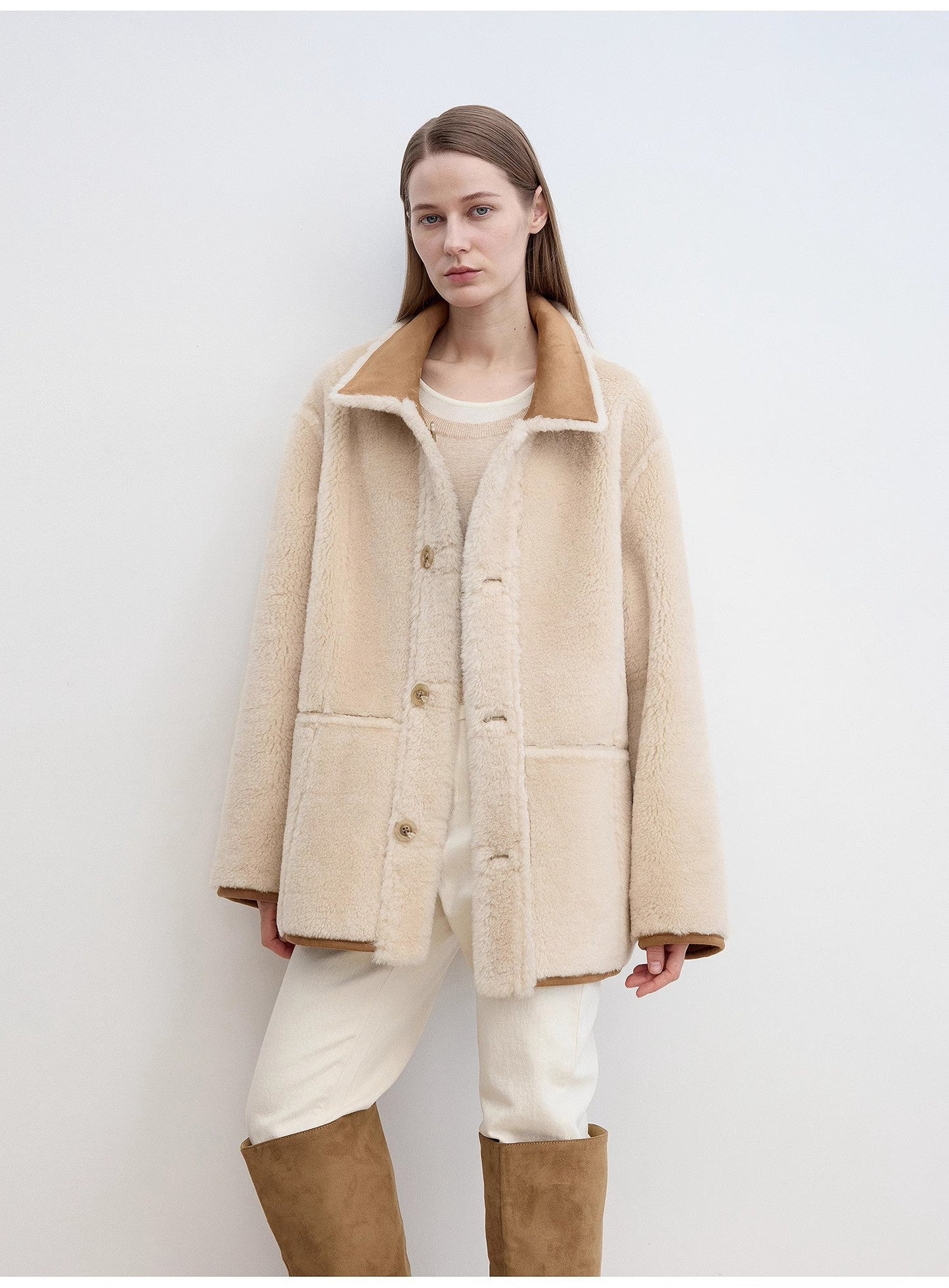 “Vintage Manor”High Quality Wool Contrast Lapel Reversible Artificial Compound Suede Shearling jacket-4