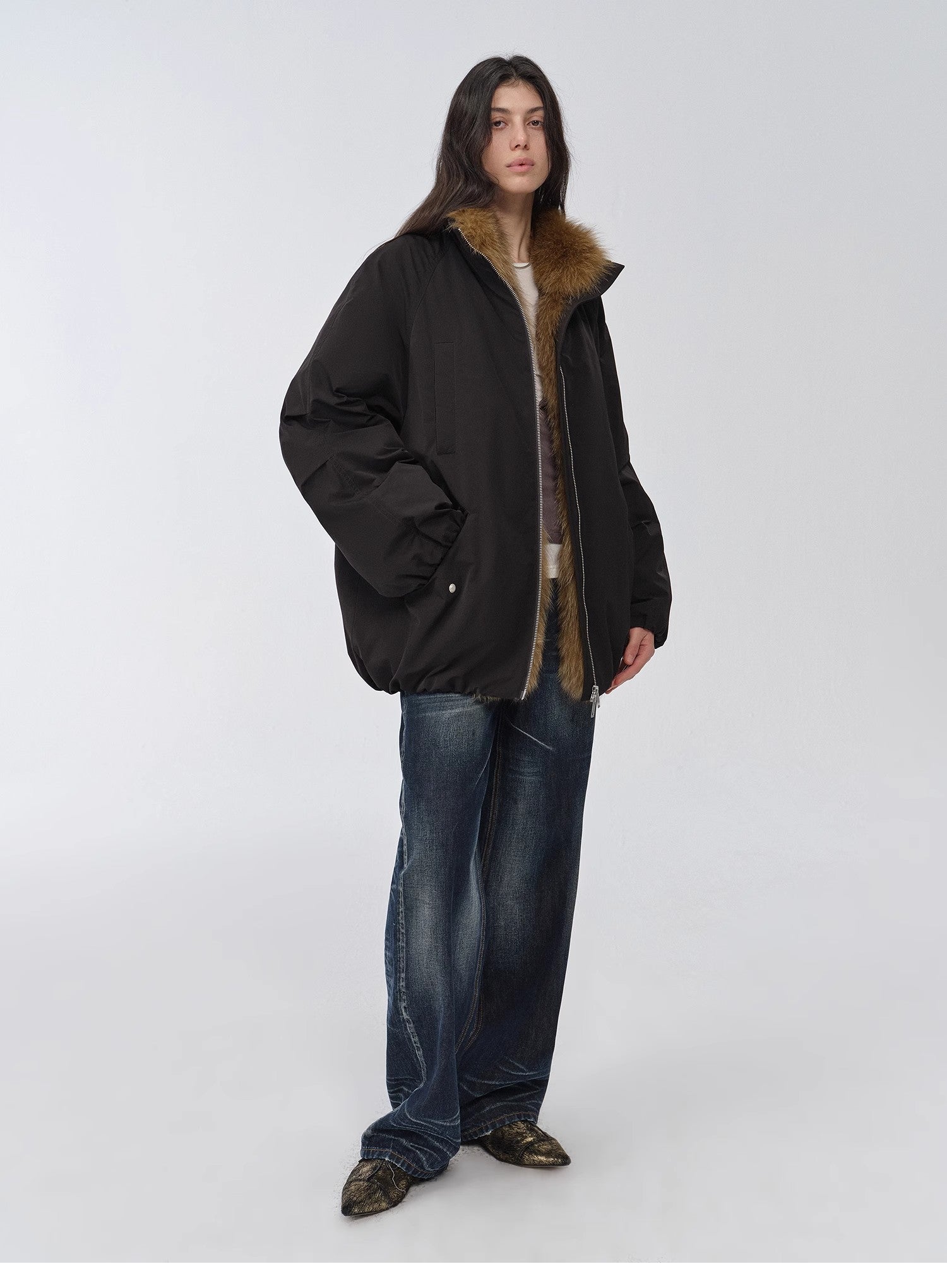 "Warm Dialogue" Two-tone fox fur collar detachable 90 goose down jacket mid-length down parka-4