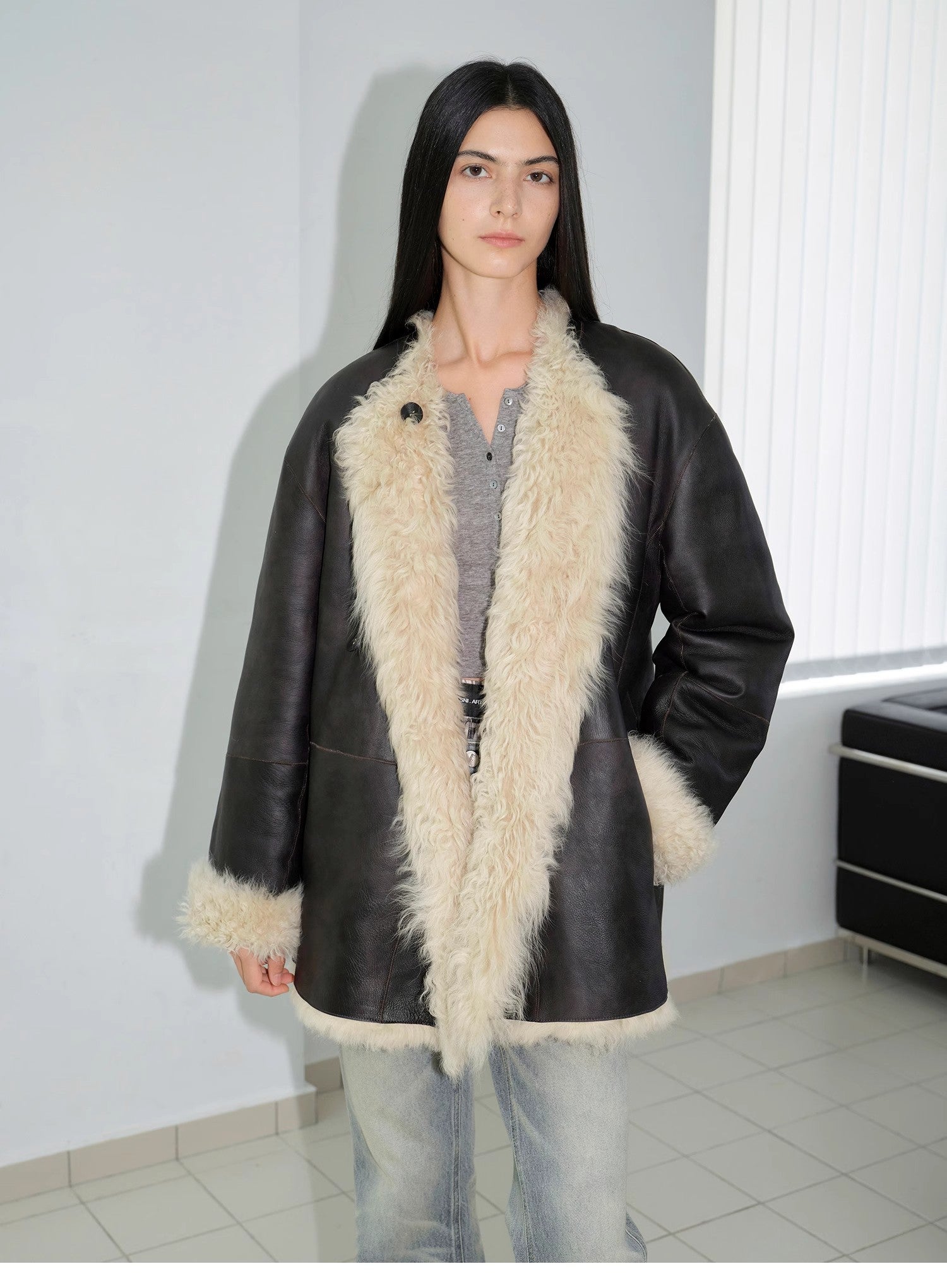 "Double-sided Fantasy" simple elegant casual double-sided Tuscan wool sheepskin fur coat for women-4