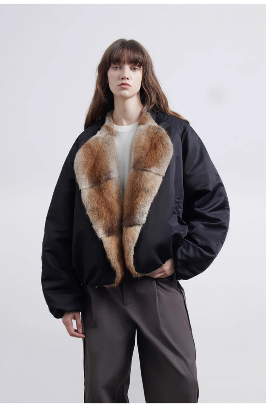Hull Contract Colorblocked Fur Round Neck Short Parka Jacket-1