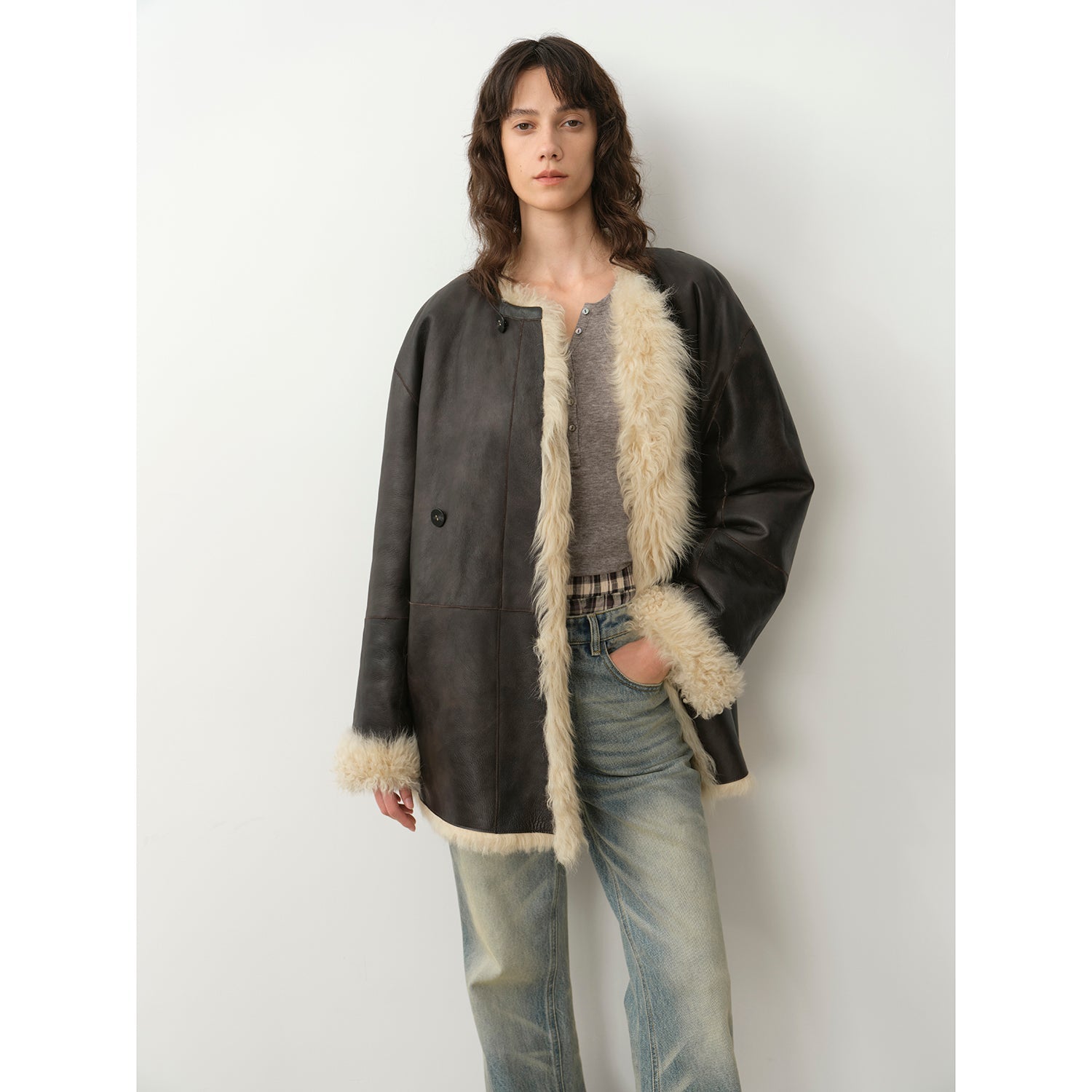 "Double-sided Fantasy" simple elegant casual double-sided Tuscan wool sheepskin fur coat for women-5