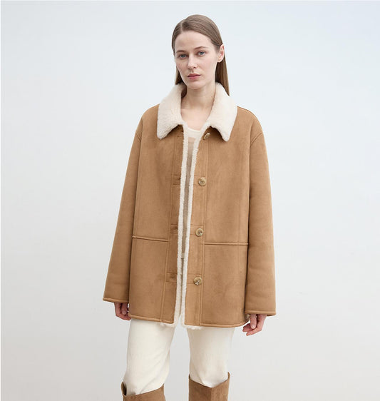 “Vintage Manor”High Quality Wool Contrast Lapel Reversible Artificial Compound Suede Shearling jacket-0