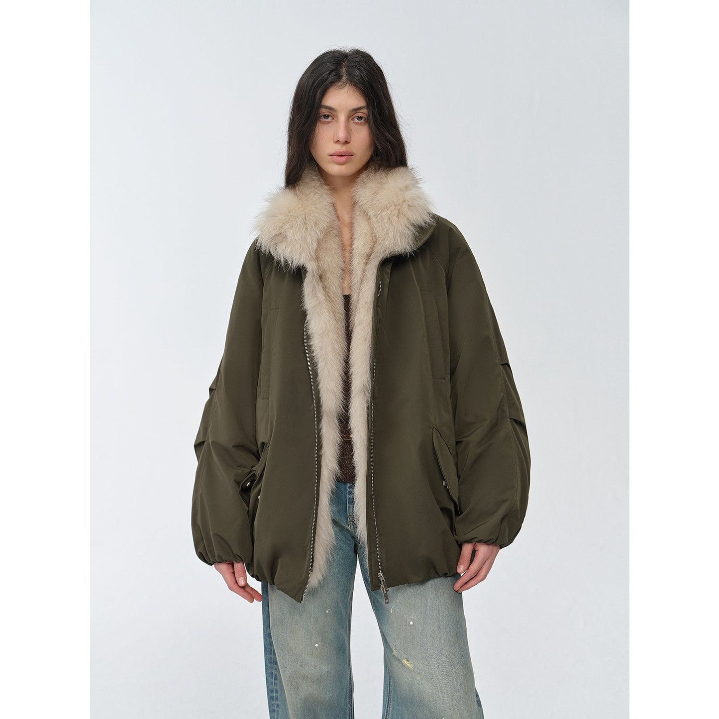 "Warm Dialogue" Two-tone fox fur collar detachable 90 goose down jacket mid-length down parka-5