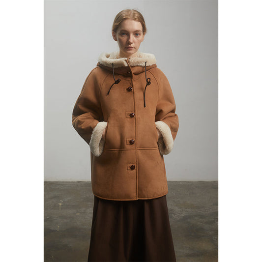 "Danish Winter" Shearling Wool Contrasting Artificial Compositesuede Coat Hooded Short Style-1