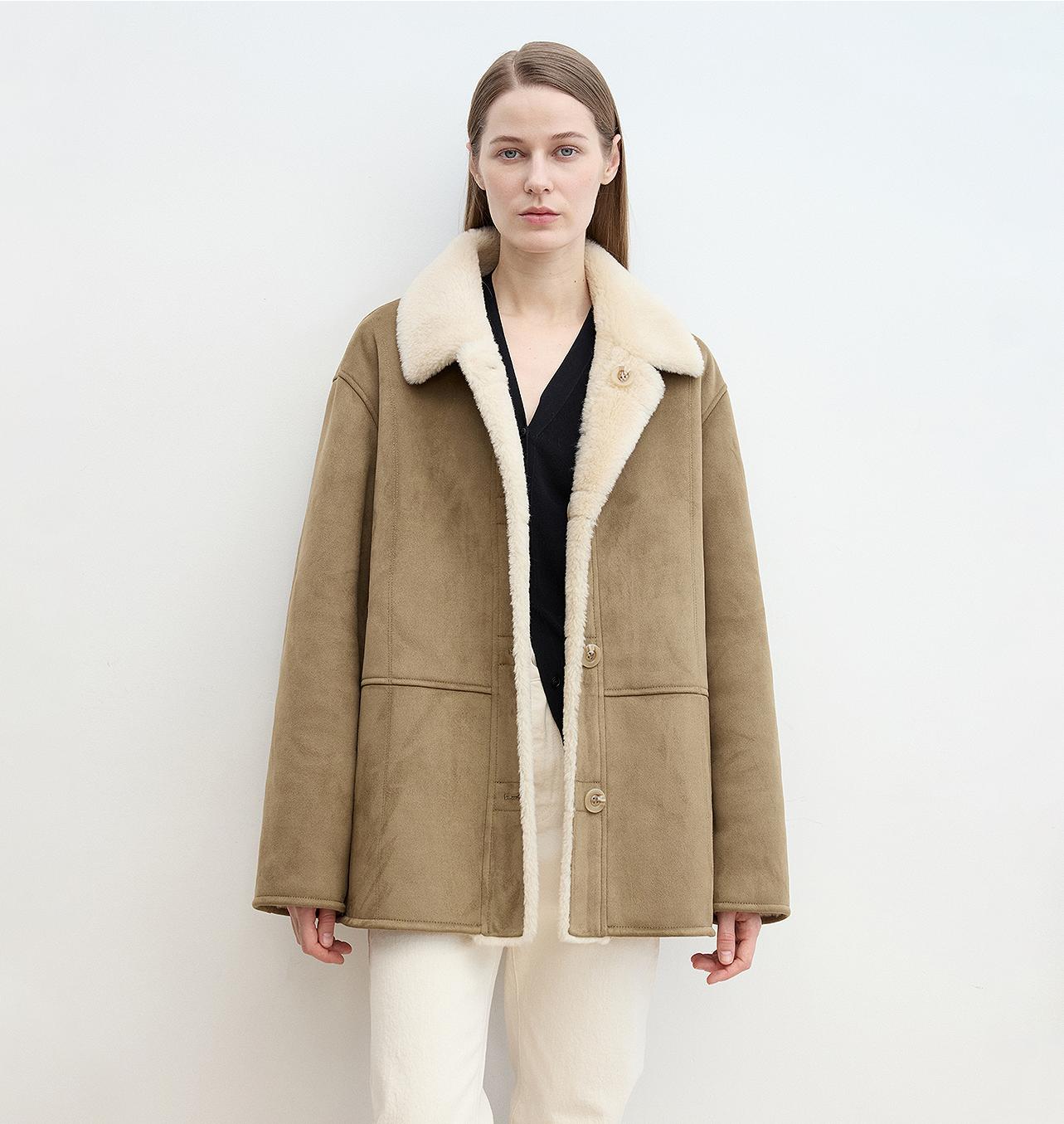 “Vintage Manor”High Quality Wool Contrast Lapel Reversible Artificial Compound Suede Shearling jacket-5