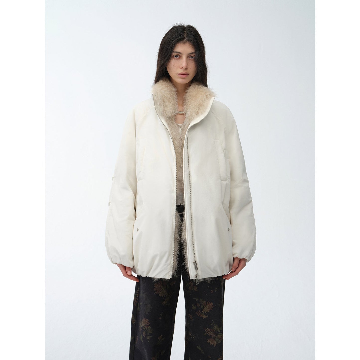 "Warm Dialogue" Two-tone fox fur collar detachable 90 goose down jacket mid-length down parka-6
