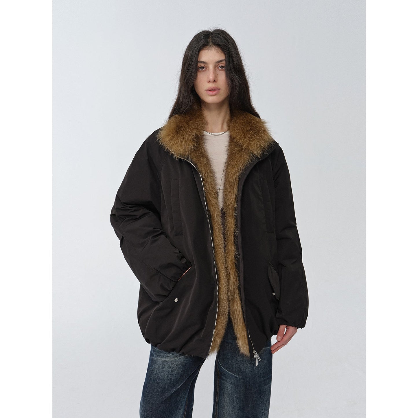 "Warm Dialogue" Two-tone fox fur collar detachable 90 goose down jacket mid-length down parka-0