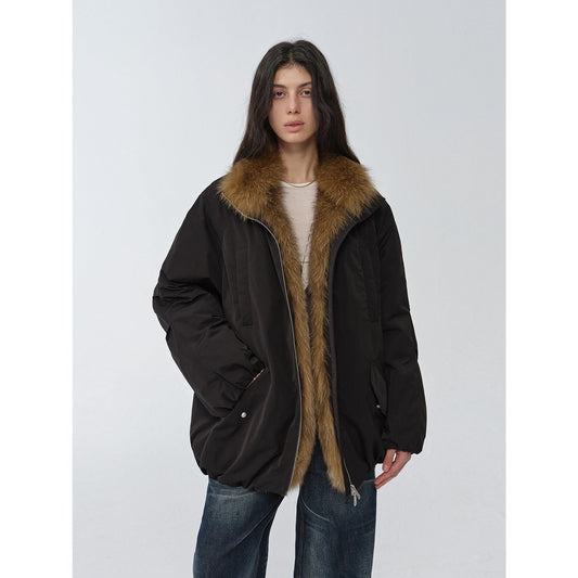 "Warm Dialogue" Two-tone fox fur collar detachable 90 goose down jacket mid-length down parka-0