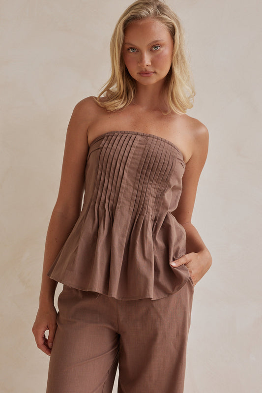 Chocolate Brown Linen Co-ord Set – Strapless Pleated Top & Wide-Leg Pants-1