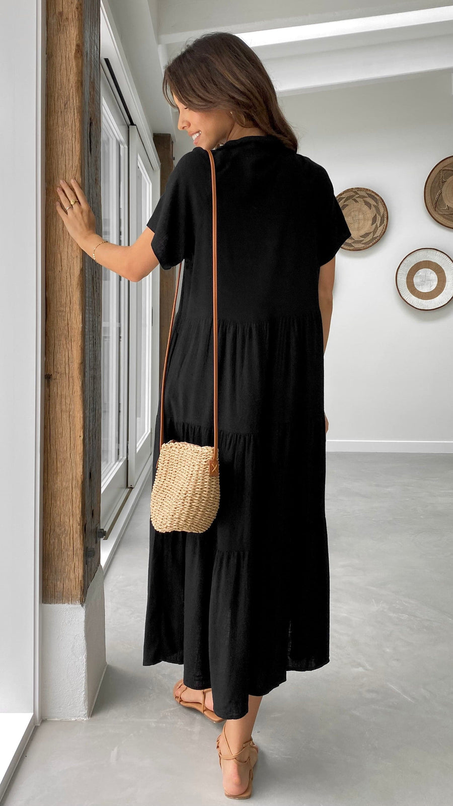 Black Linen Button-Down Midi Dress – Tiered Relaxed Fit Dress for Women-4